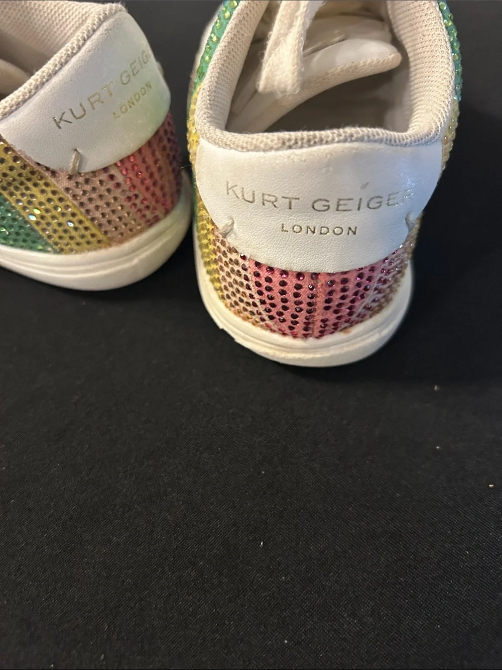 Kurt Geiger White Lace-Up Kids Sneakers with Rainbow Sequin Stripes